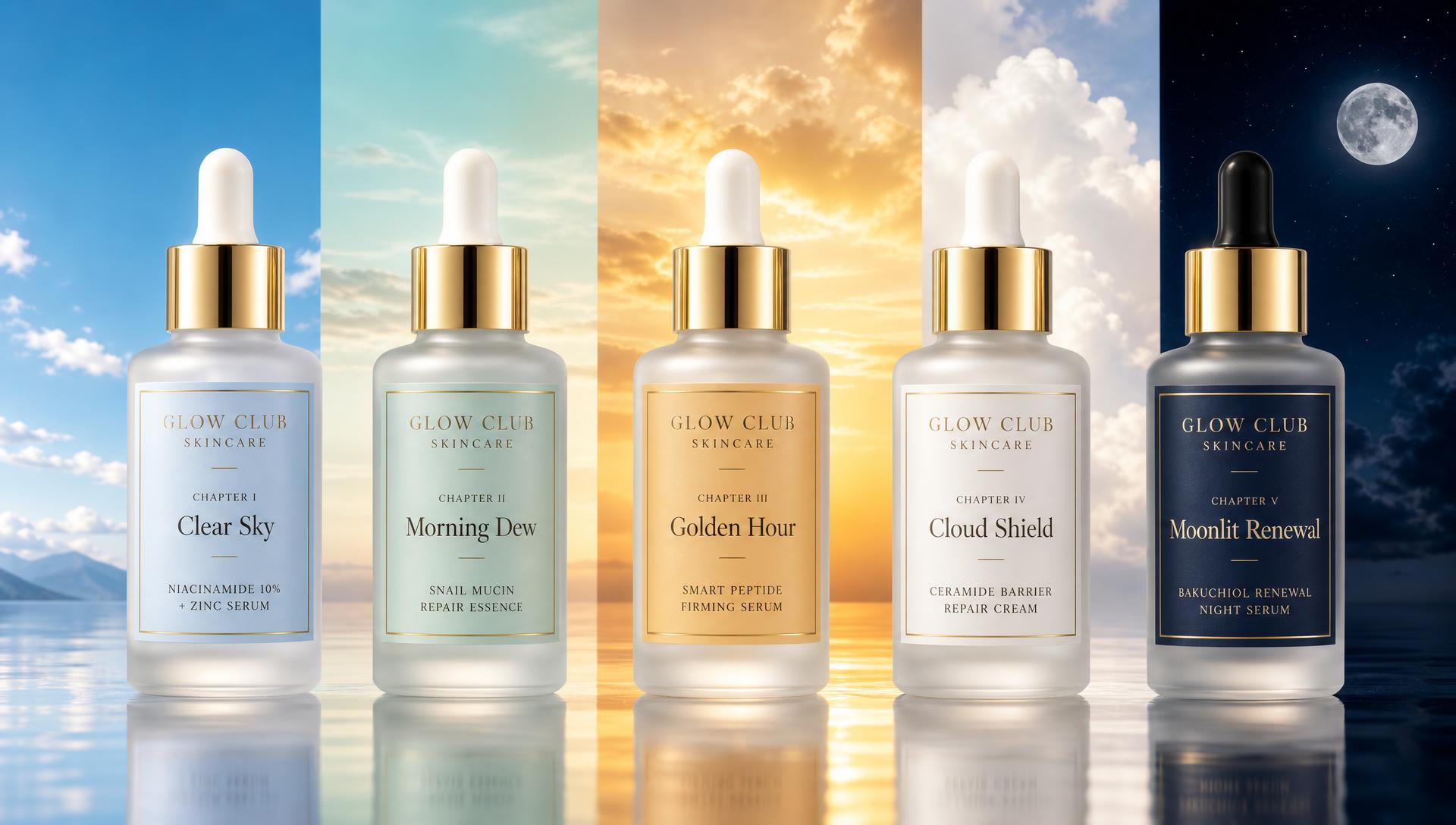 The five Glow Club Skincare chapter bottles from Clear Sky to Moonlit Renewal